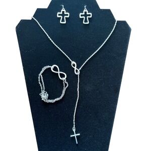 Silver Tone Infinity and Cross Jewelry Set Lariat Necklace Bracelet Earrings